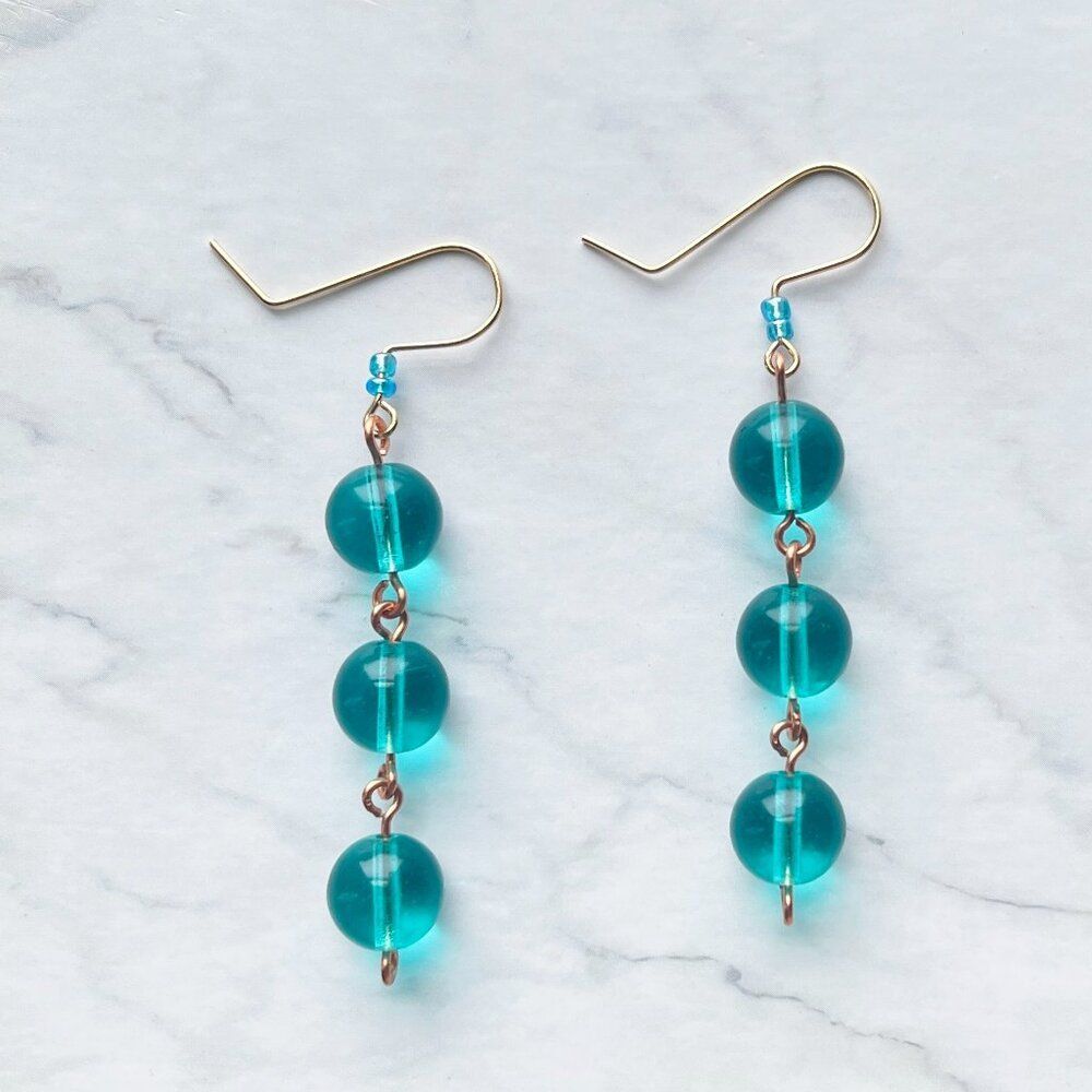 Turquoise Blue Round Glass Bead Dangle Drop Earrings